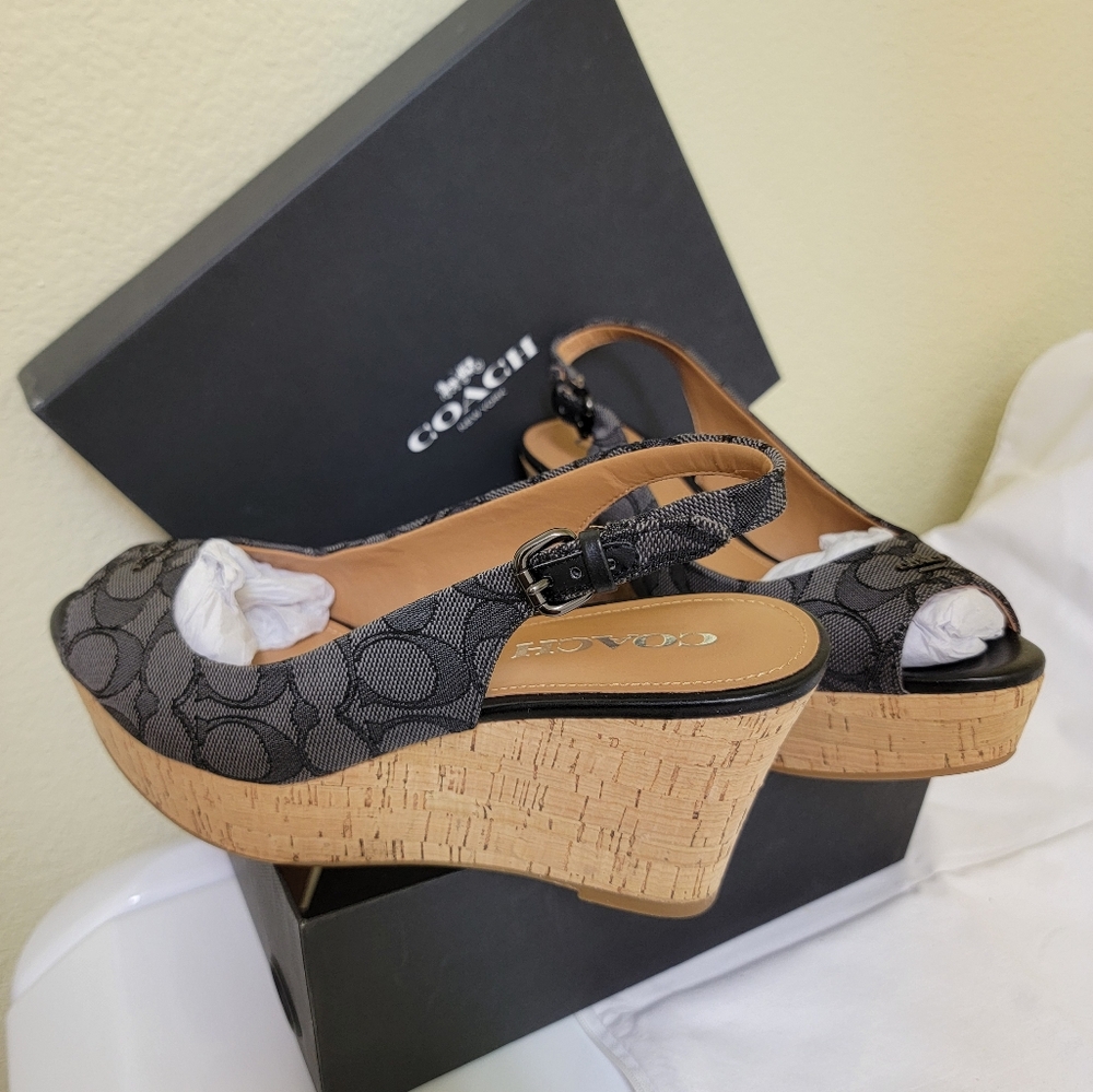 Coach Women's Black Peep-Toe Wedge Platform Heels with Signature Monogram